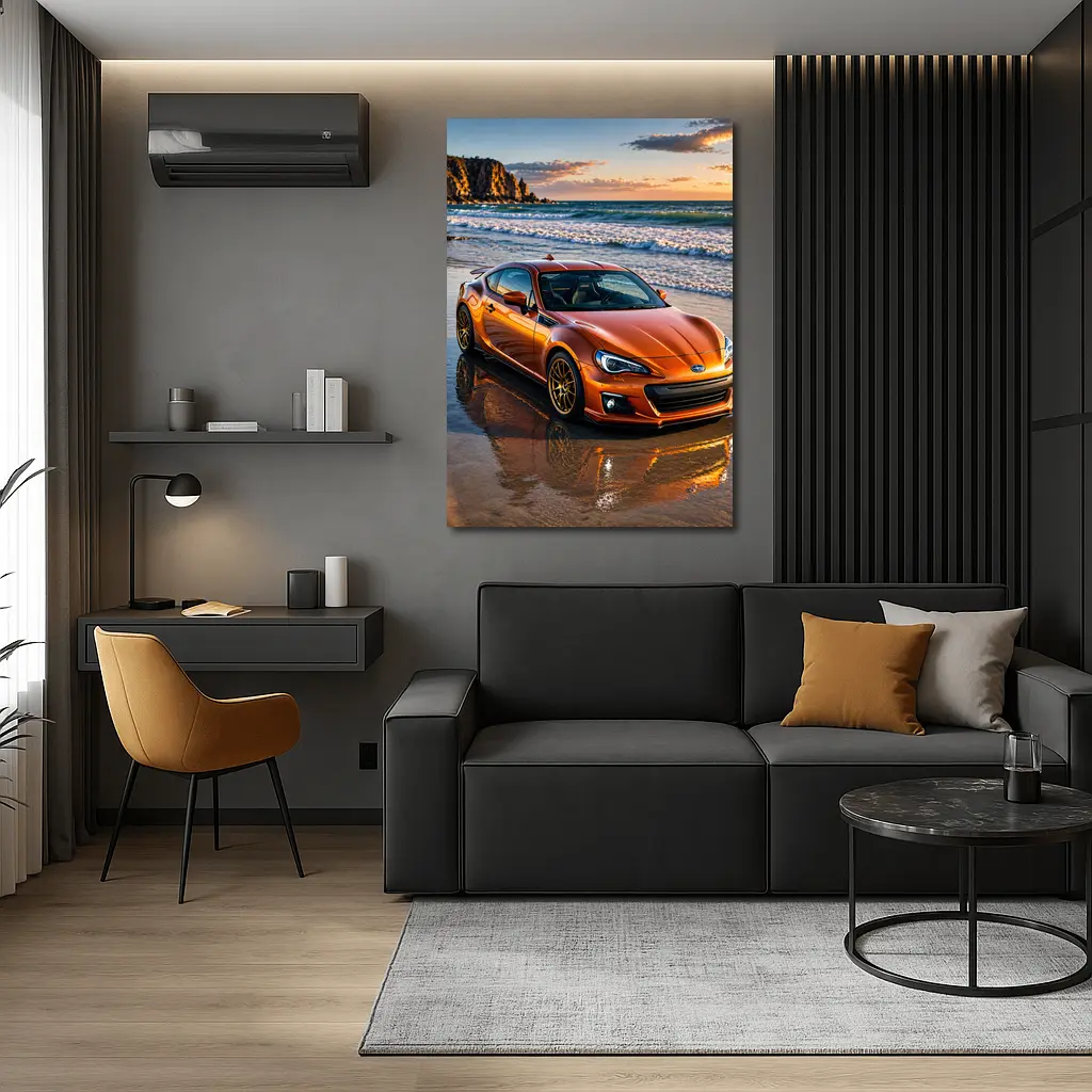 Orange Subaru BRZ Parked on Sunset Beach – Wall Art