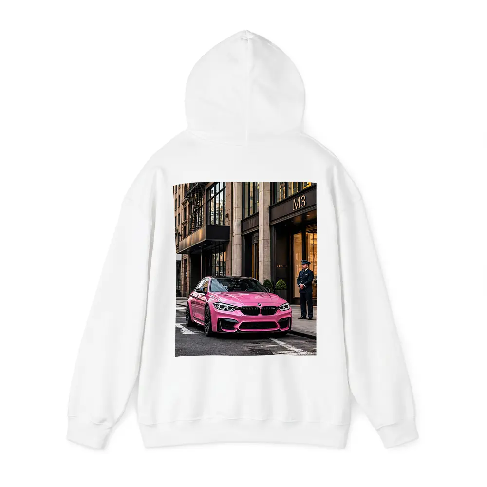 Pink BMW M3 Parked Outside Luxury Building – Hoodies