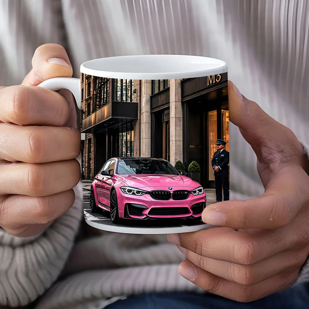 Pink BMW M3 Parked Outside Luxury Building – Mugs