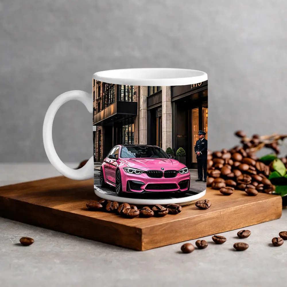 Pink BMW M3 Parked Outside Luxury Building – Mugs