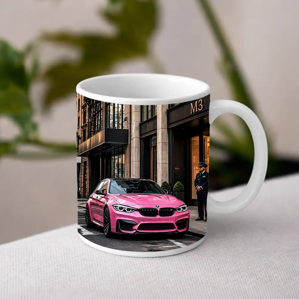 Pink BMW M3 Parked Outside Luxury Building – Mugs