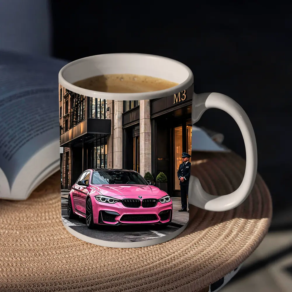Pink BMW M3 Parked Outside Luxury Building – Mugs
