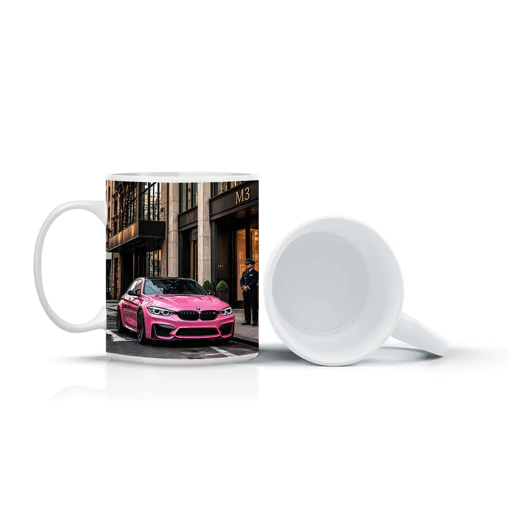 Pink BMW M3 Parked Outside Luxury Building – Mugs