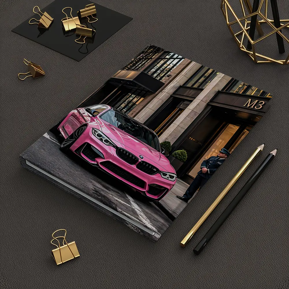 Pink BMW M3 Parked Outside Luxury Building – Notebooks