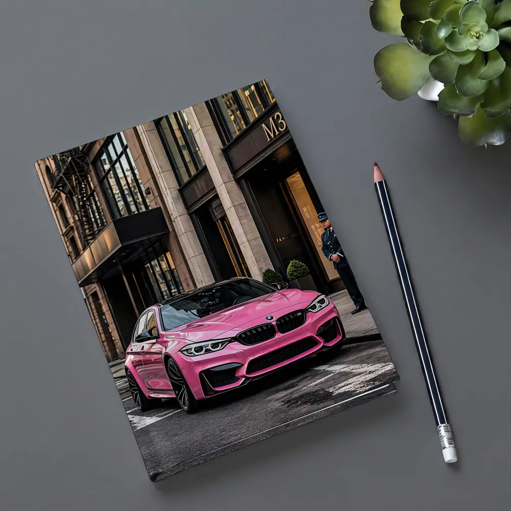 Pink BMW M3 Parked Outside Luxury Building – Notebooks