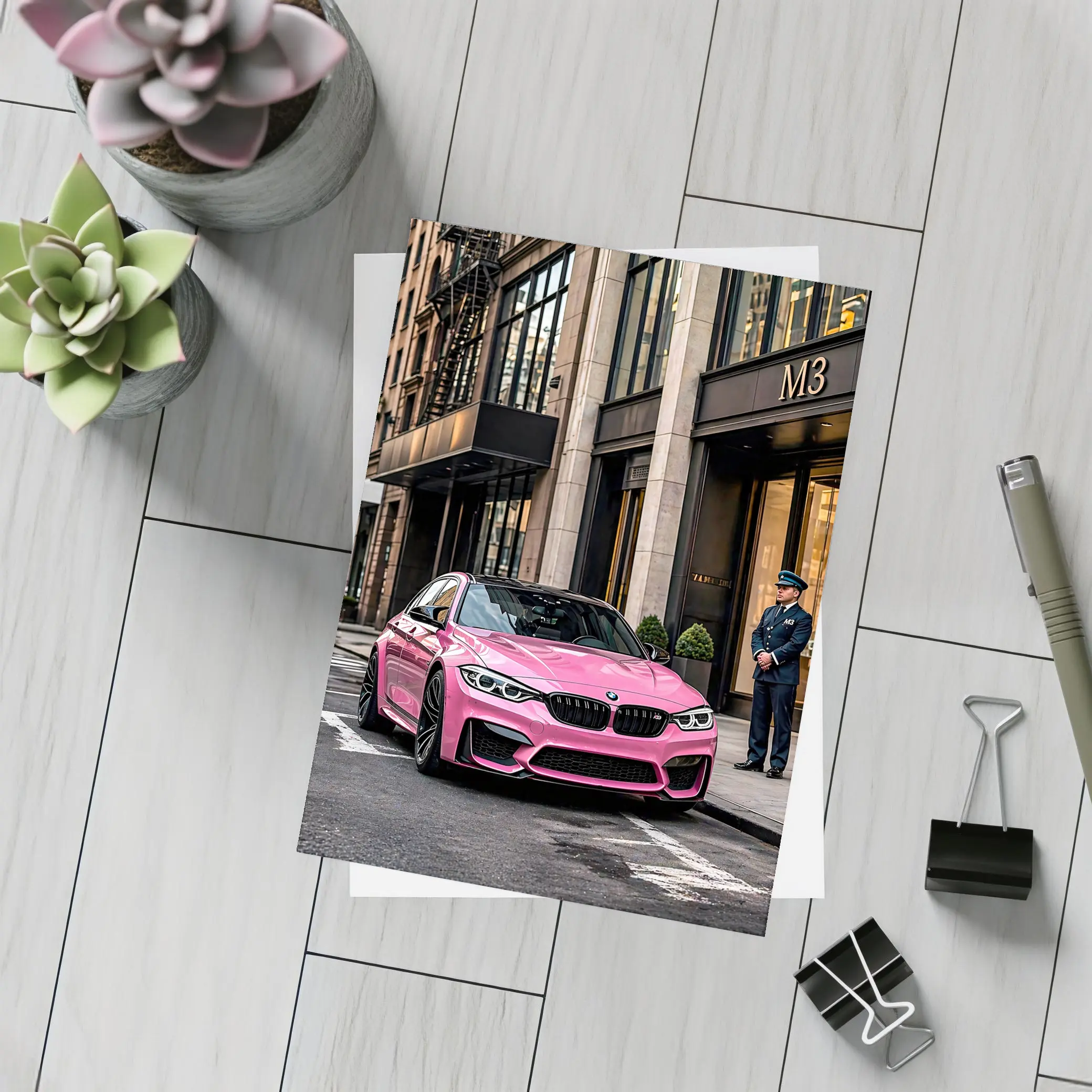 Pink BMW M3 Parked Outside Luxury Building – Postcards
