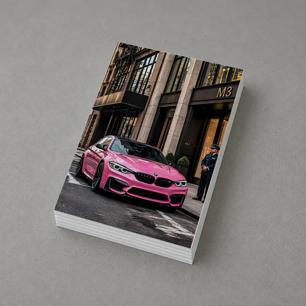 Pink BMW M3 Parked Outside Luxury Building – Postcards