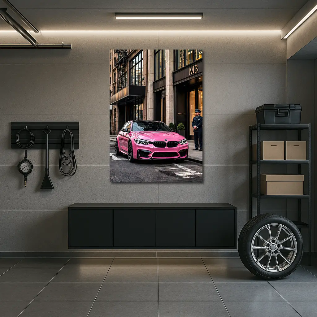 Pink BMW M3 Parked Outside Luxury Building – Wall Art