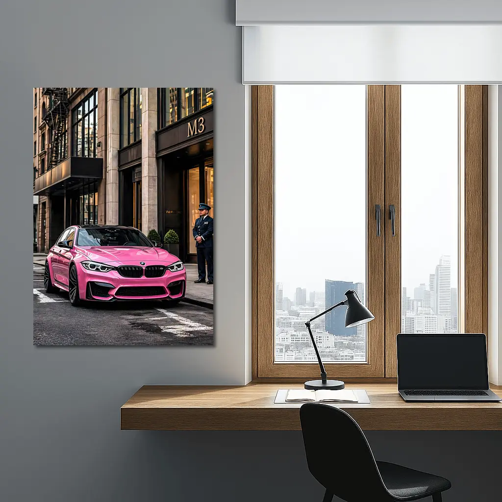 Pink BMW M3 Parked Outside Luxury Building – Wall Art
