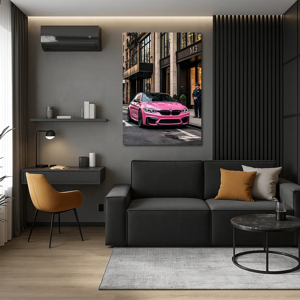 Pink BMW M3 Parked Outside Luxury Building – Wall Art