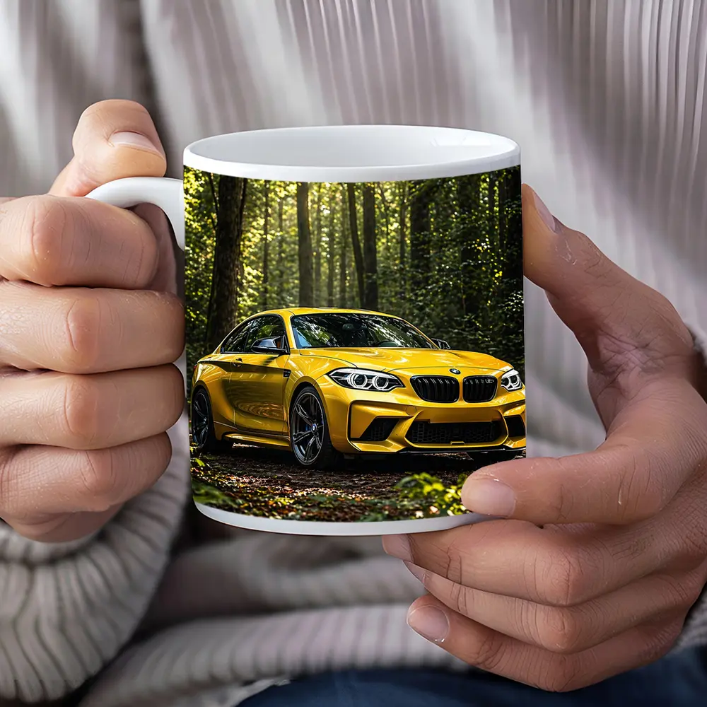 Yellow BMW M2 Parked in Forest – Mugs