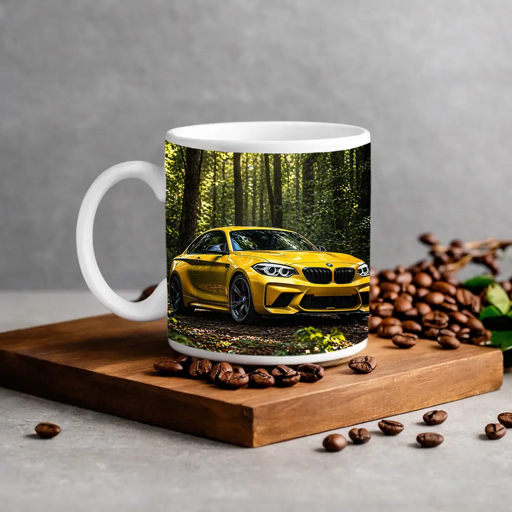 Yellow BMW M2 Parked in Forest – Mugs