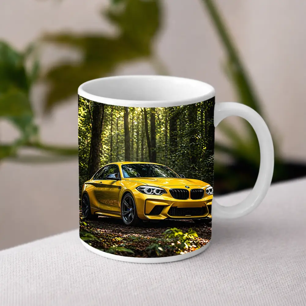 Yellow BMW M2 Parked in Forest – Mugs