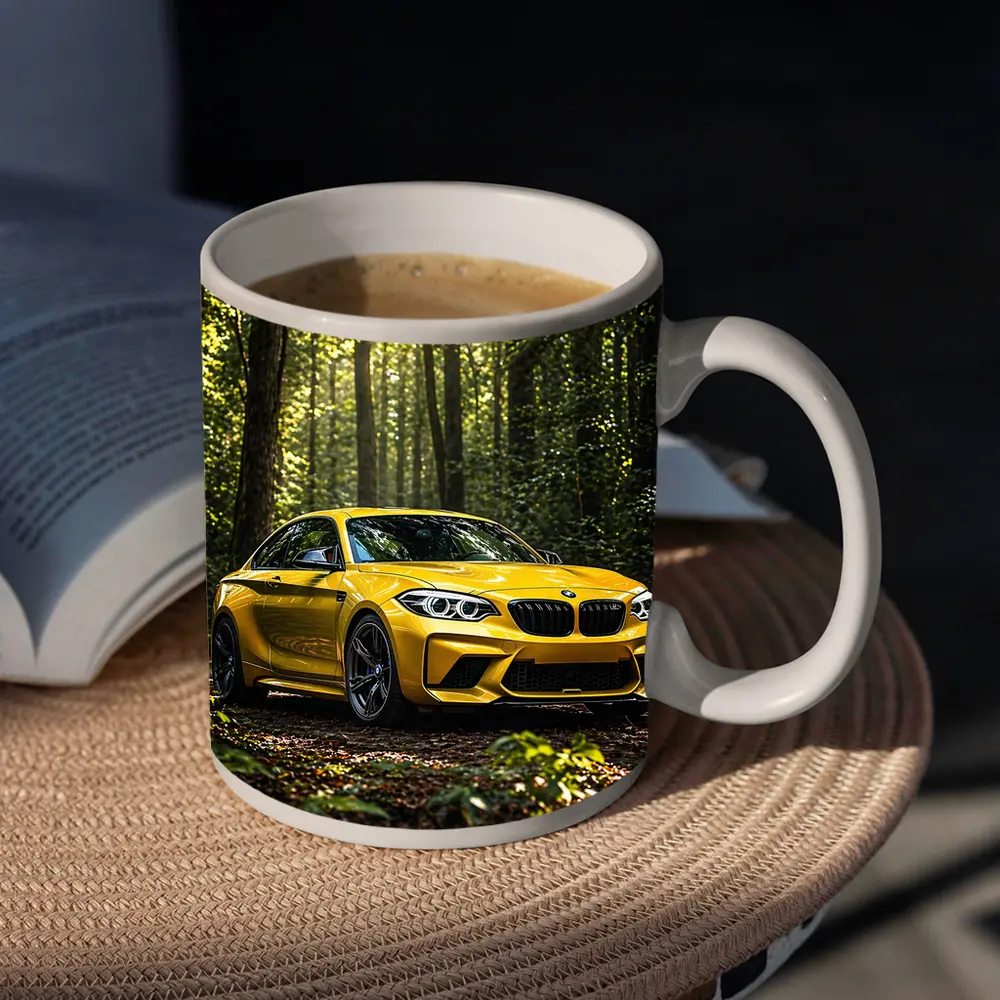 Yellow BMW M2 Parked in Forest – Mugs