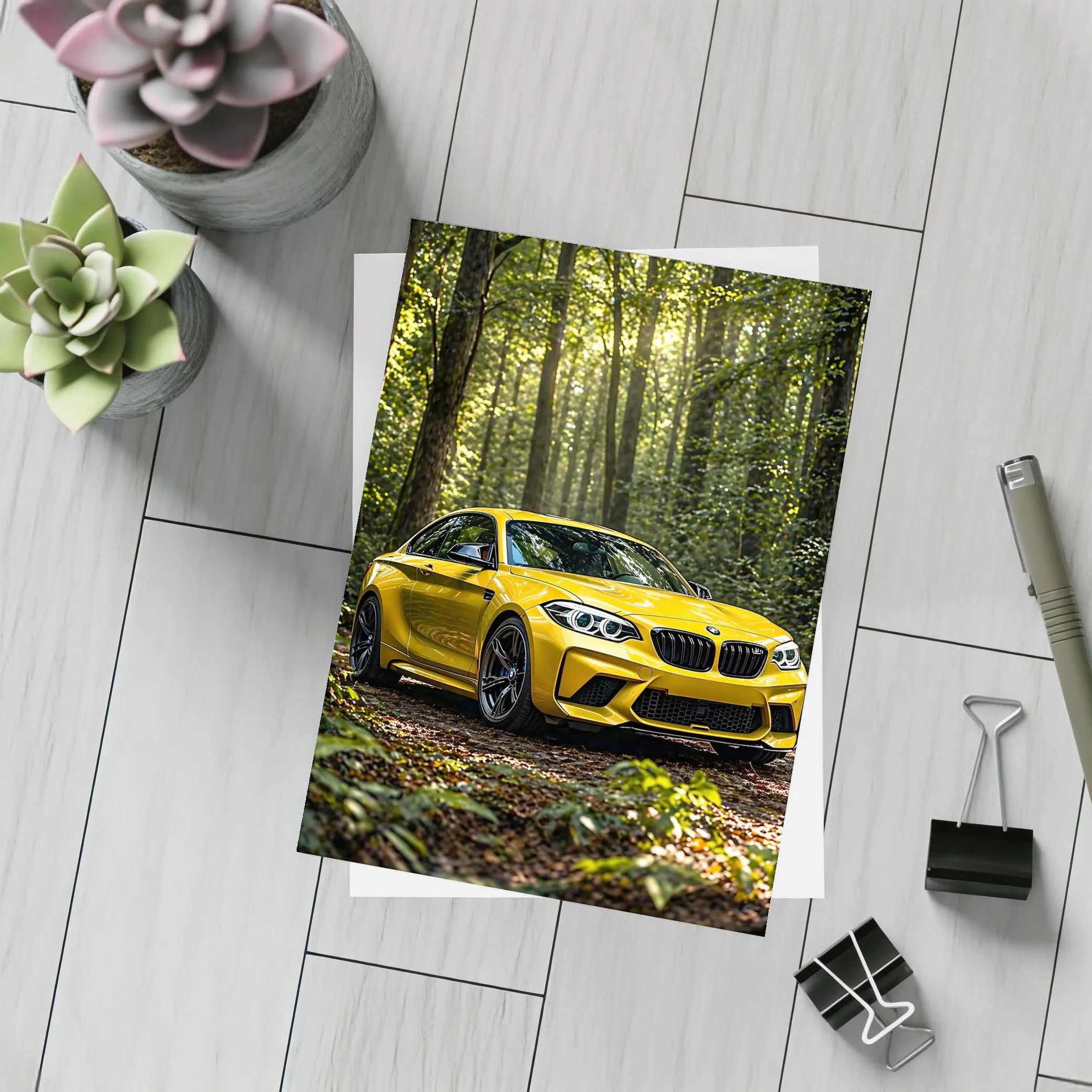 Yellow BMW M2 Parked in Forest – Postcards
