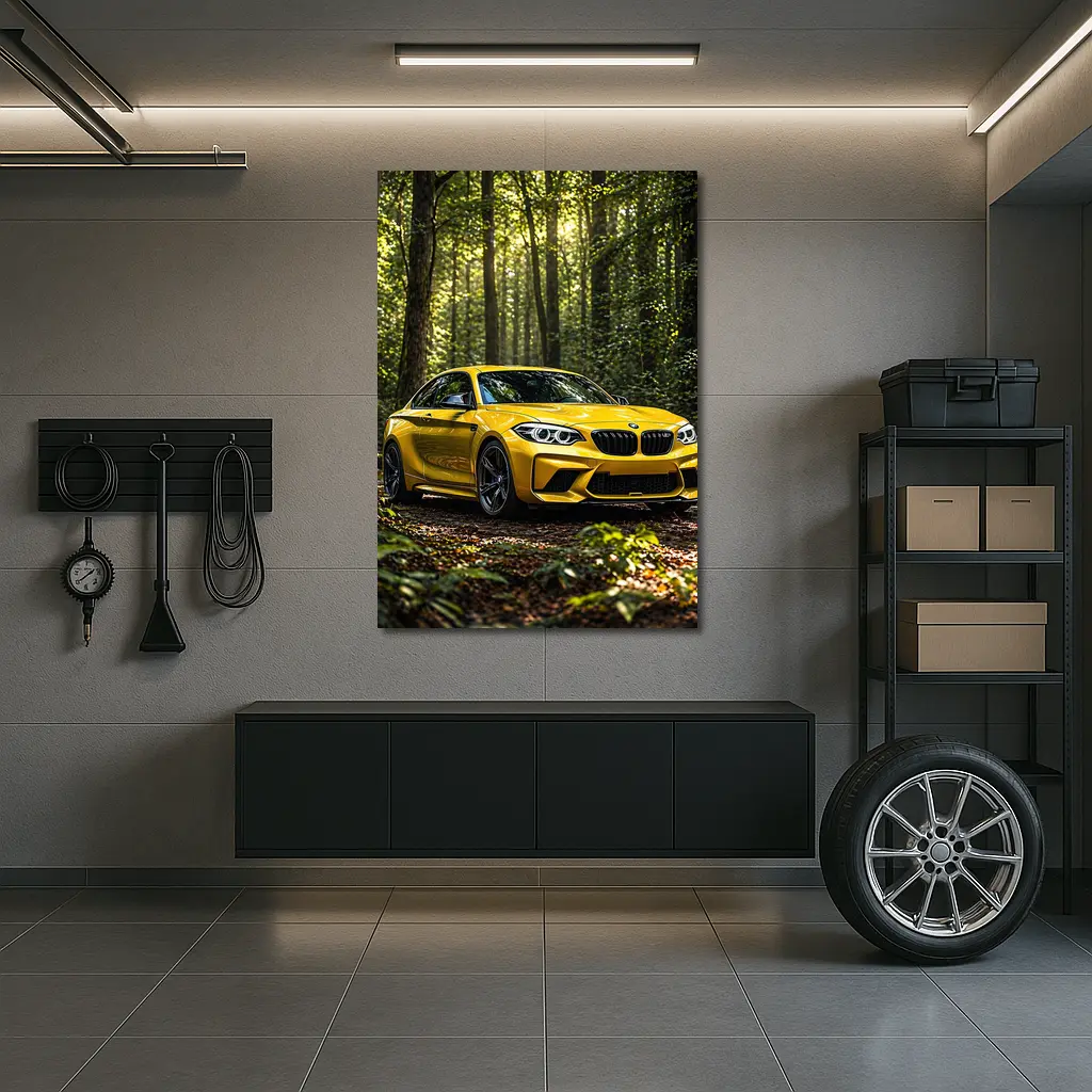 Yellow BMW M2 Parked in Forest – Wall Art