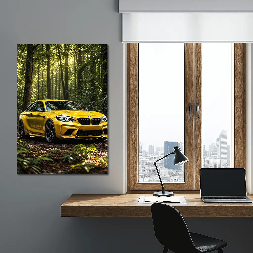 Yellow BMW M2 Parked in Forest – Wall Art