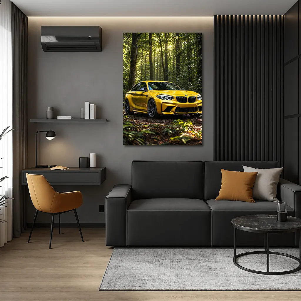 Yellow BMW M2 Parked in Forest – Wall Art