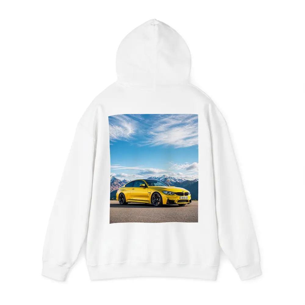 BMW M4 Yellow Coupe Mountain Background – Hoodies