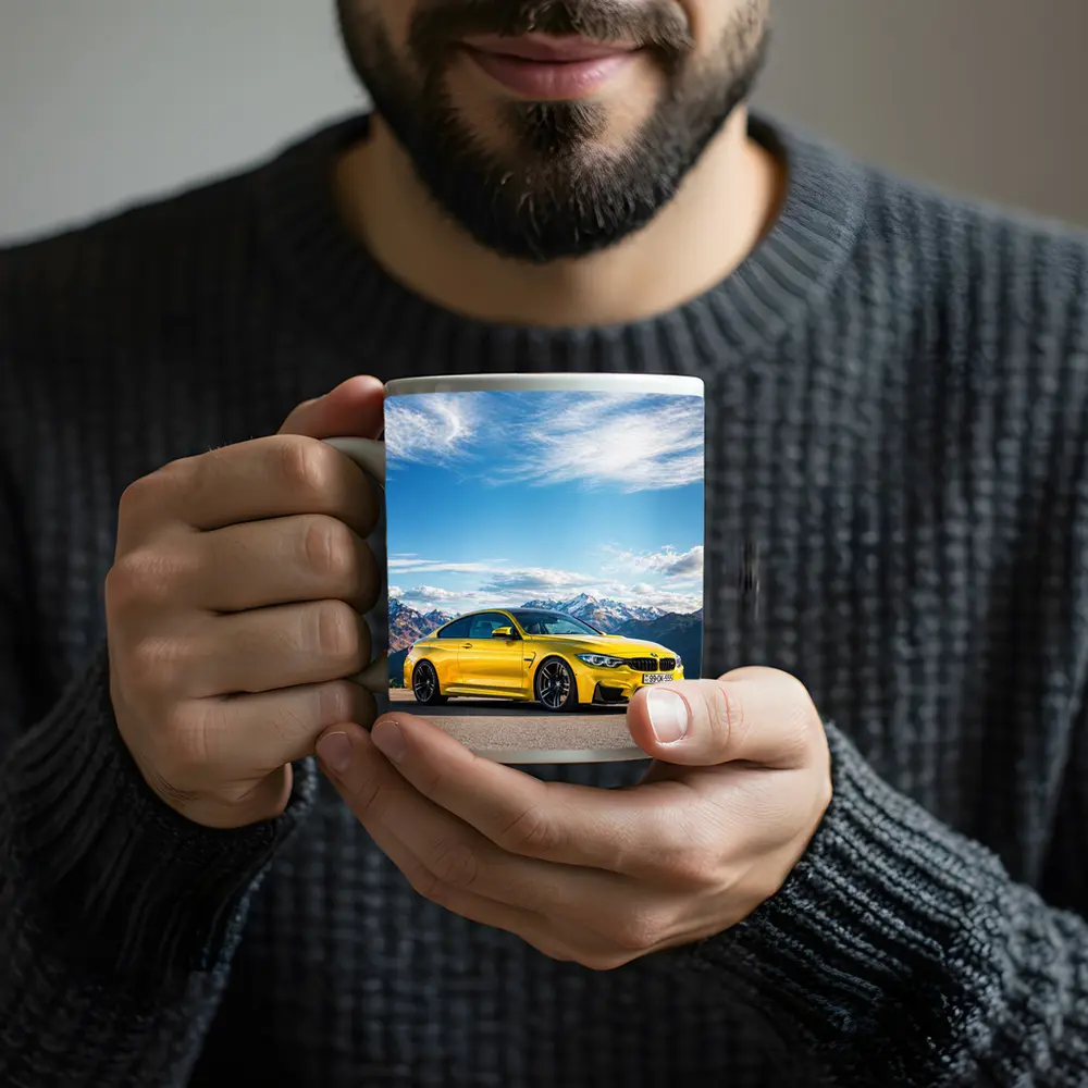 BMW M4 Yellow Coupe Mountain Background – Mugs