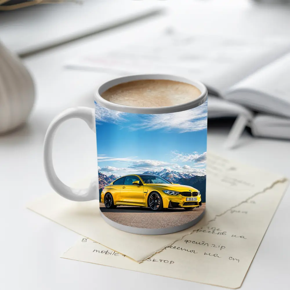 BMW M4 Yellow Coupe Mountain Background – Mugs