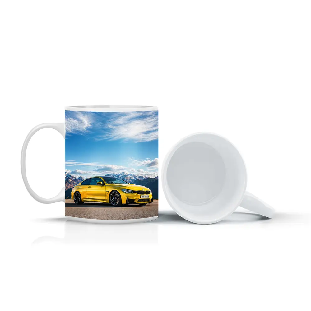 BMW M4 Yellow Coupe Mountain Background – Mugs