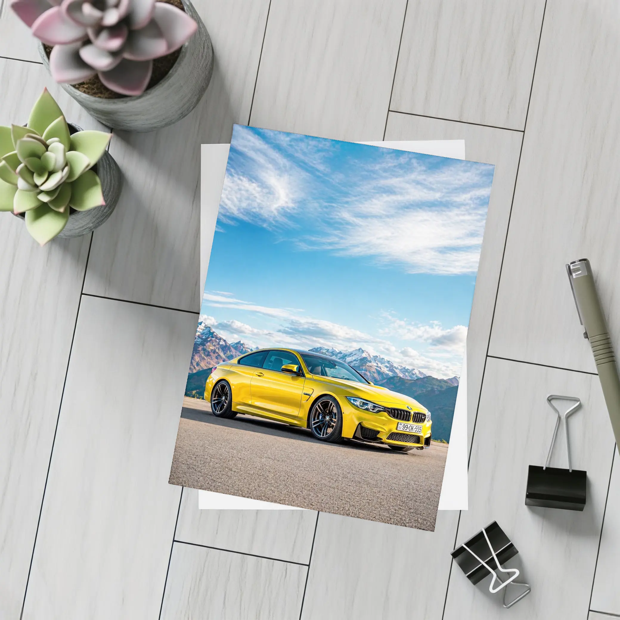 BMW M4 Yellow Coupe Mountain Background – Postcards