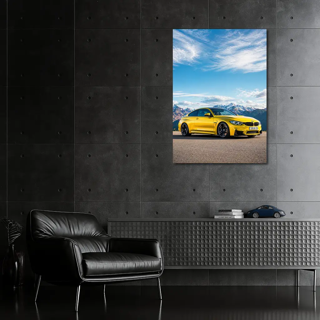 BMW M4 Yellow Coupe Mountain Background – Wall Art