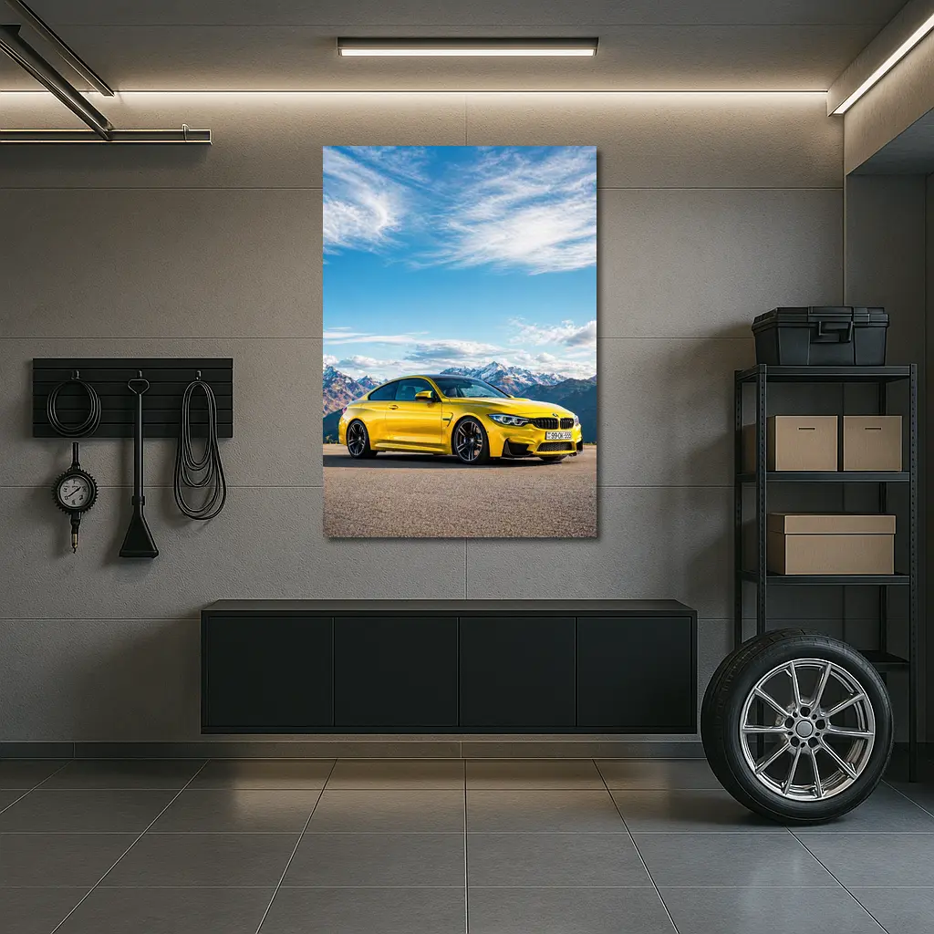 BMW M4 Yellow Coupe Mountain Background – Wall Art