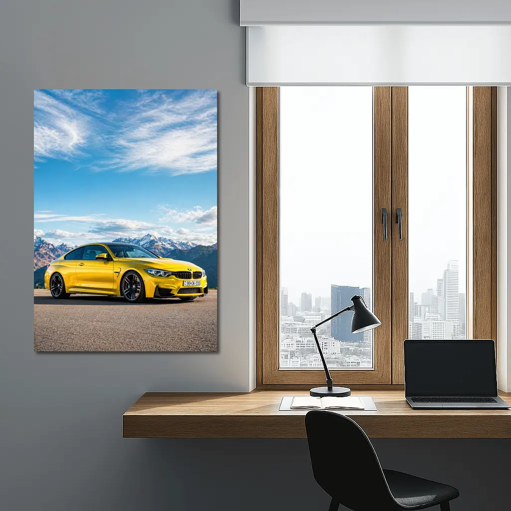 BMW M4 Yellow Coupe Mountain Background – Wall Art