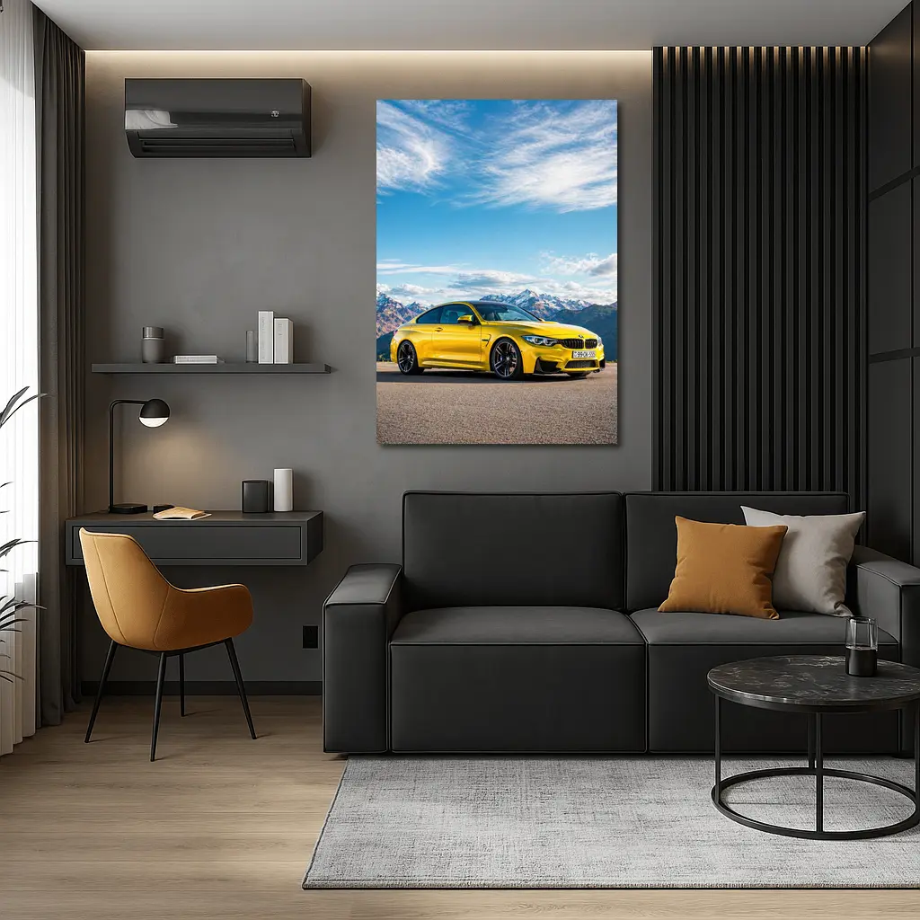 BMW M4 Yellow Coupe Mountain Background – Wall Art