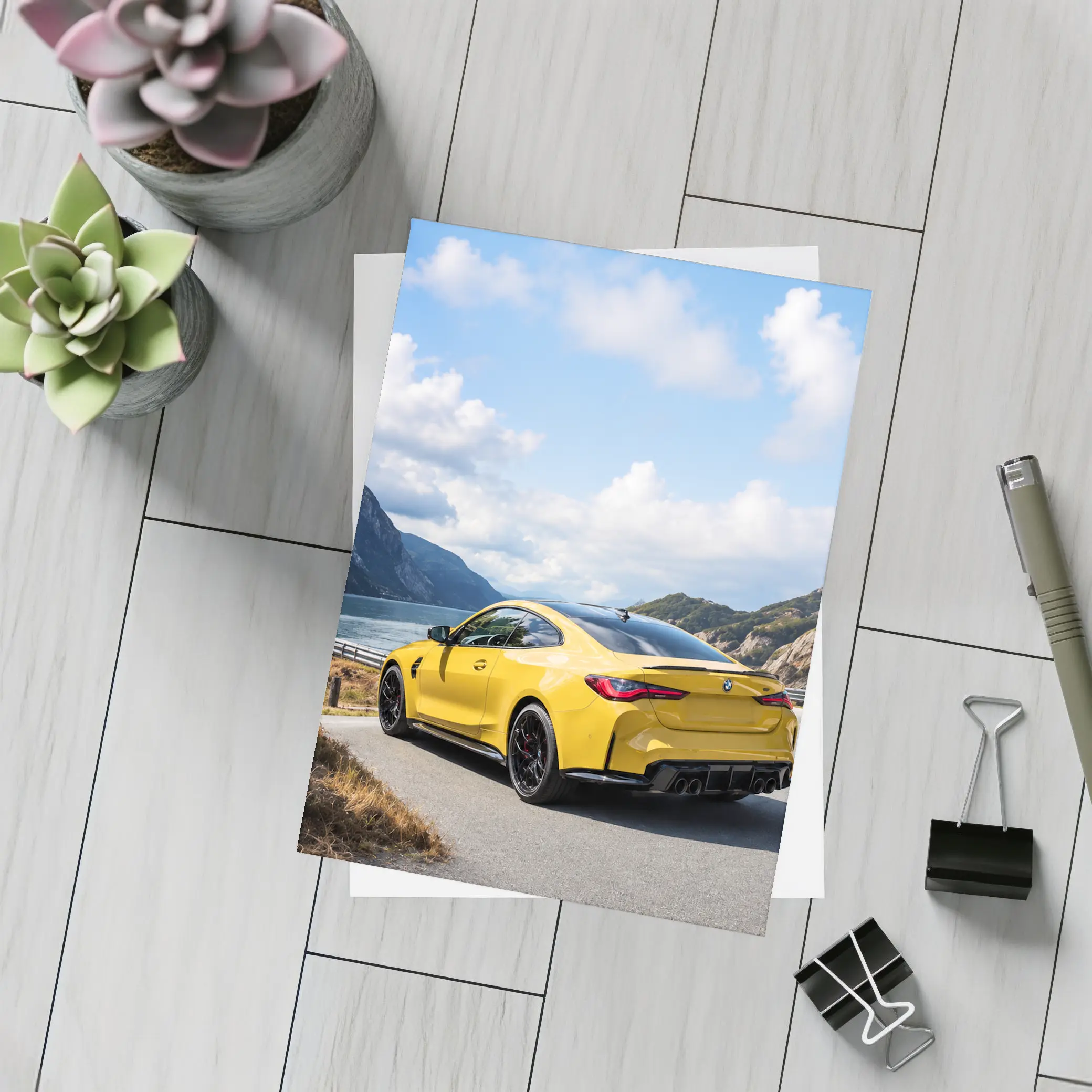 Yellow BMW M4 Coupe Mountain Lake Road – Postcards