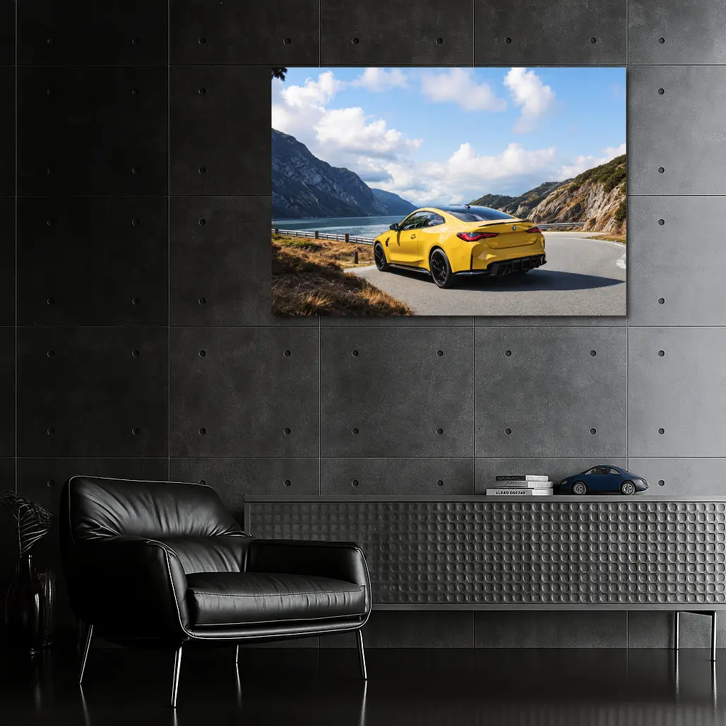 Yellow BMW M4 Coupe Mountain Lake Road – Wall Art