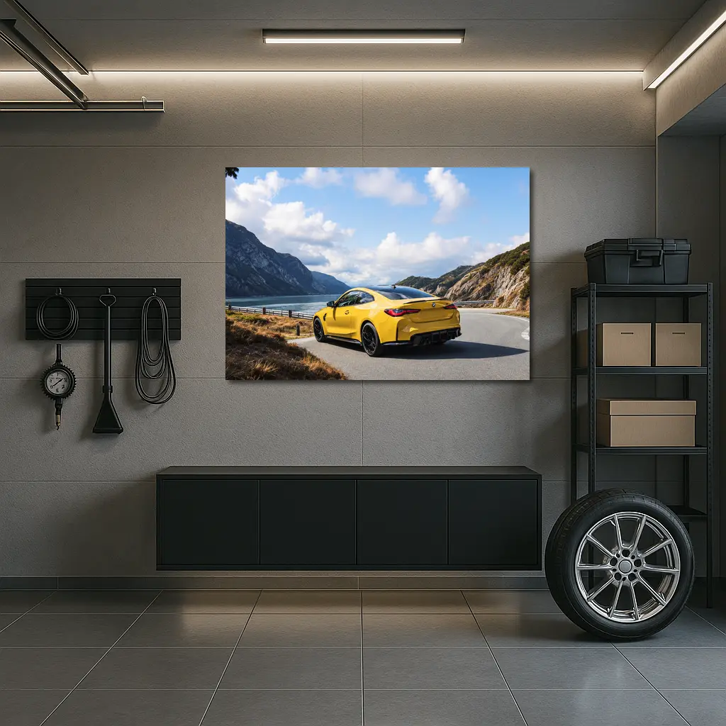 Yellow BMW M4 Coupe Mountain Lake Road – Wall Art