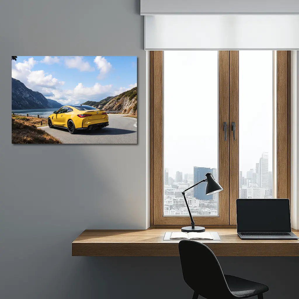 Yellow BMW M4 Coupe Mountain Lake Road – Wall Art