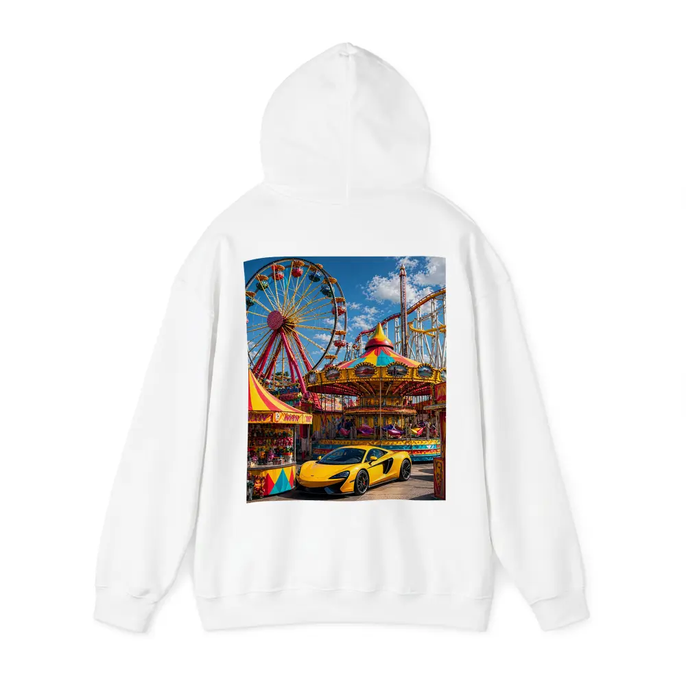 Yellow McLaren Sports Car Amusement Park Scene – Hoodies