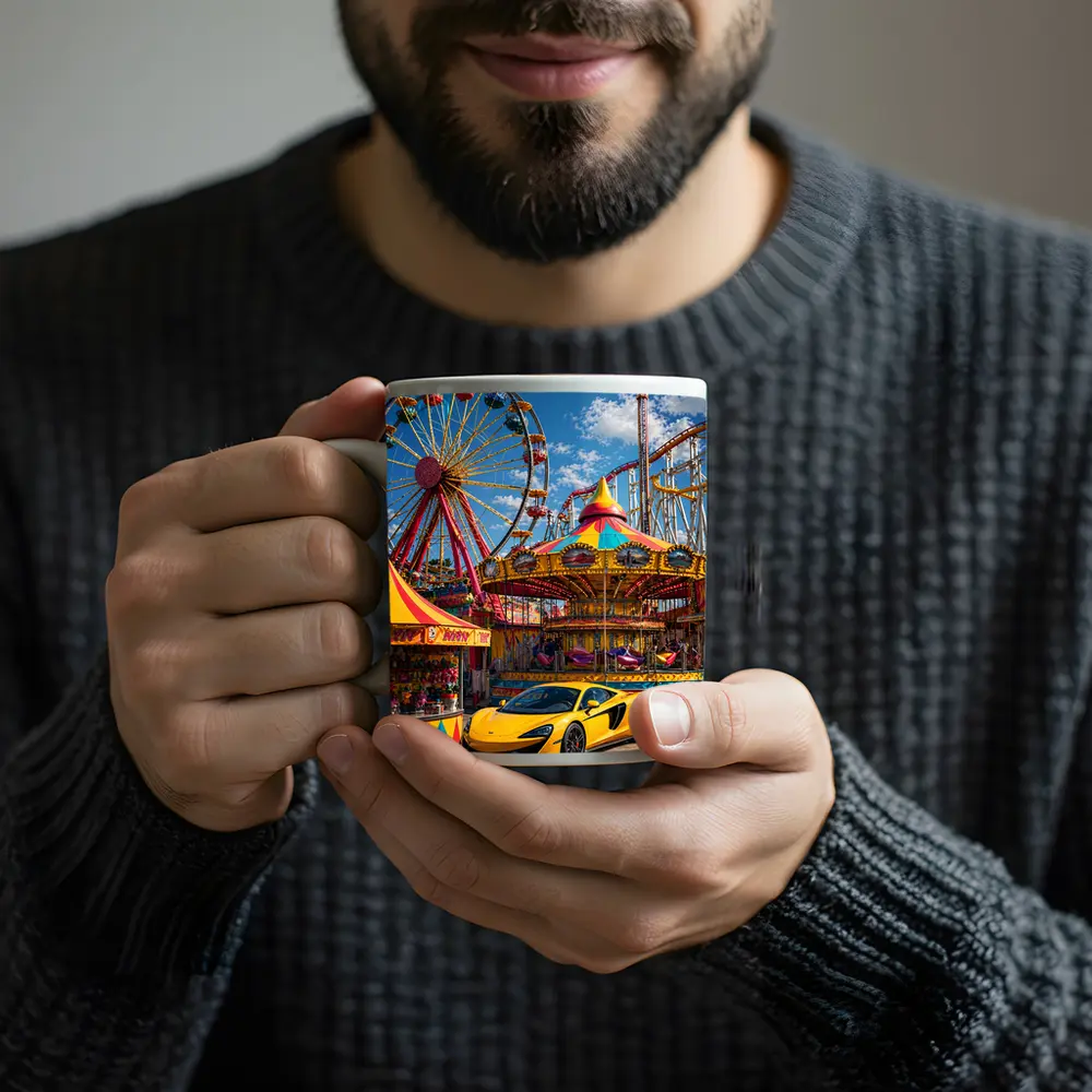 Yellow McLaren Sports Car Amusement Park Scene – Mugs