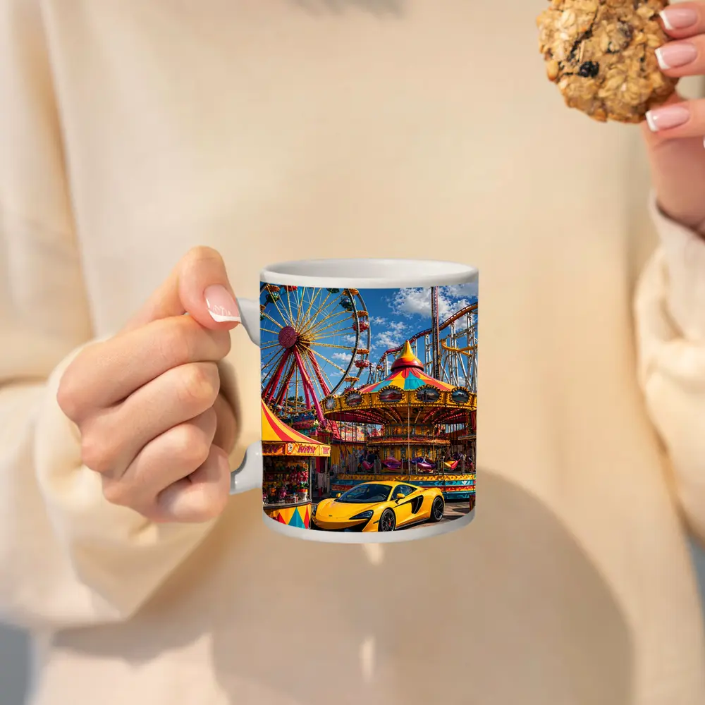 Yellow McLaren Sports Car Amusement Park Scene – Mugs
