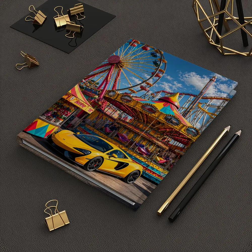 Yellow McLaren Sports Car Amusement Park Scene – Notebooks