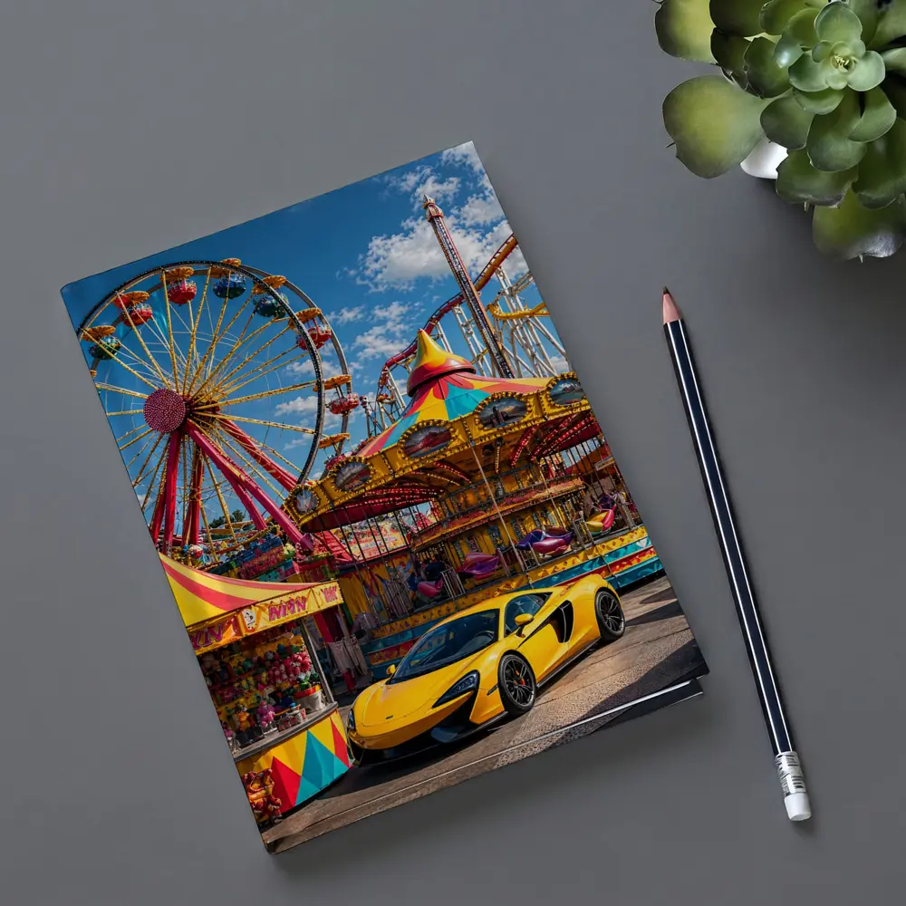 Yellow McLaren Sports Car Amusement Park Scene – Notebooks