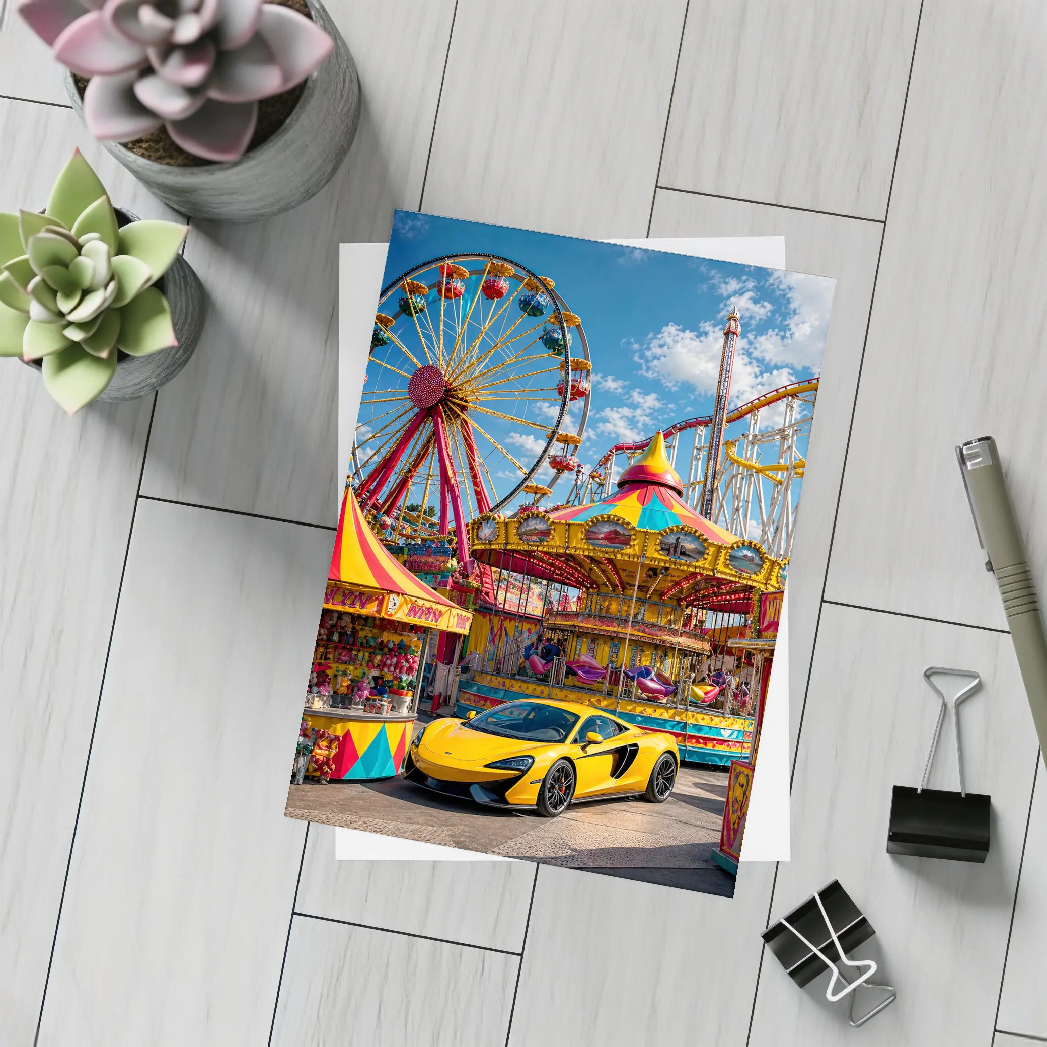 Yellow McLaren Sports Car Amusement Park Scene – Postcards