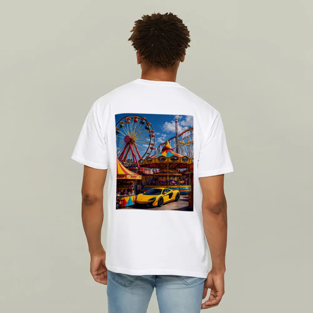 Yellow McLaren Sports Car Amusement Park Scene – T-Shirts