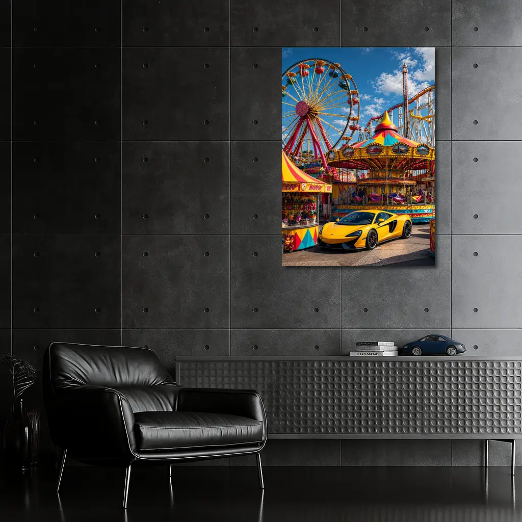 Yellow McLaren Sports Car Amusement Park Scene – Wall Art