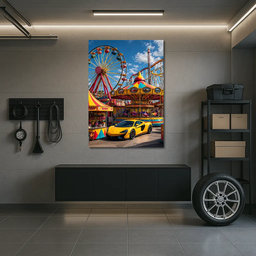 Yellow McLaren Sports Car Amusement Park Scene – Wall Art