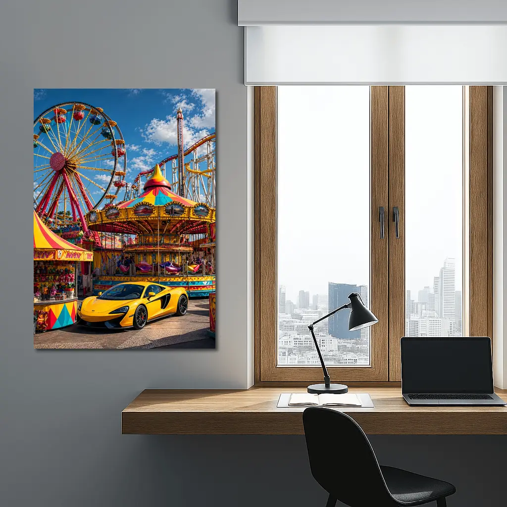 Yellow McLaren Sports Car Amusement Park Scene – Wall Art