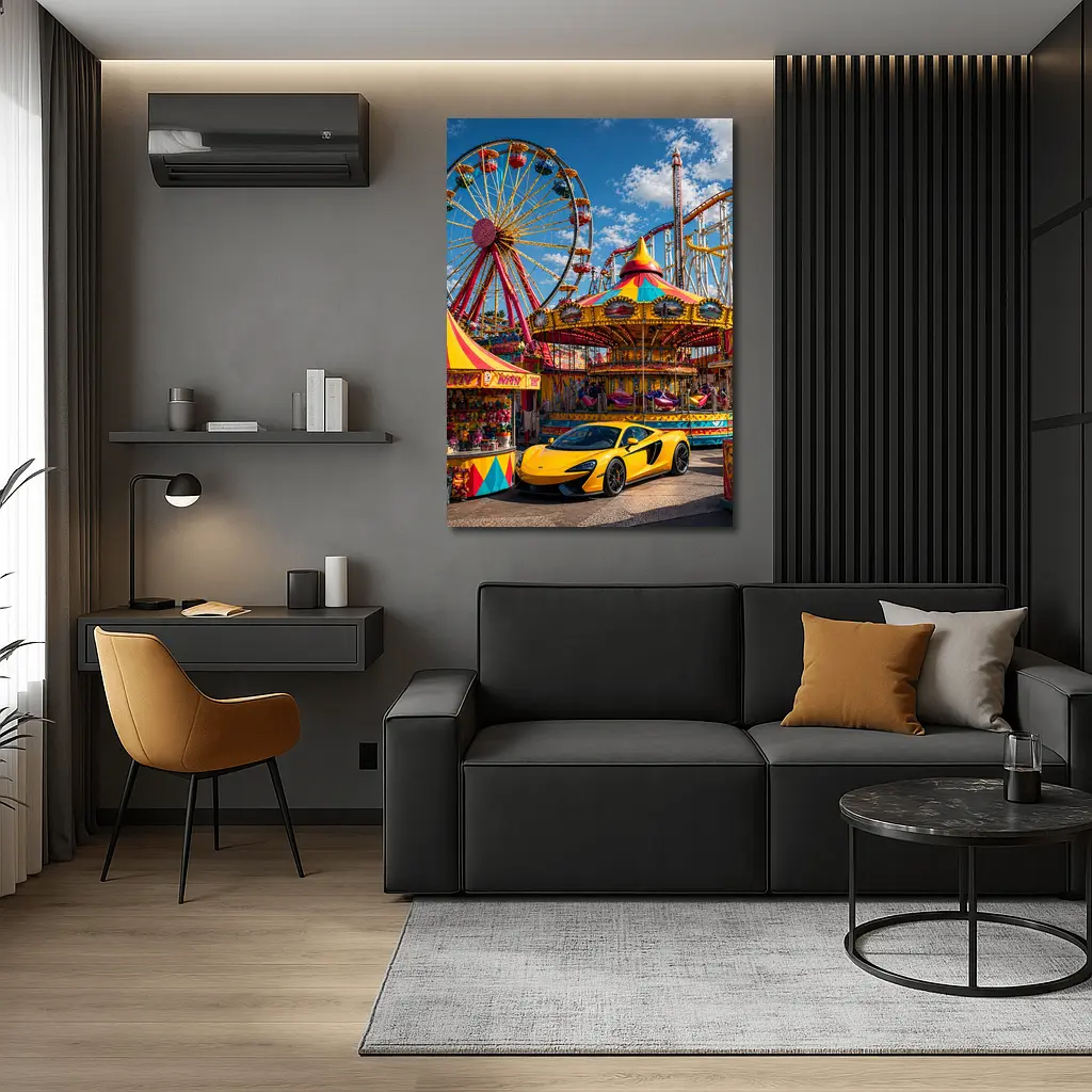 Yellow McLaren Sports Car Amusement Park Scene – Wall Art