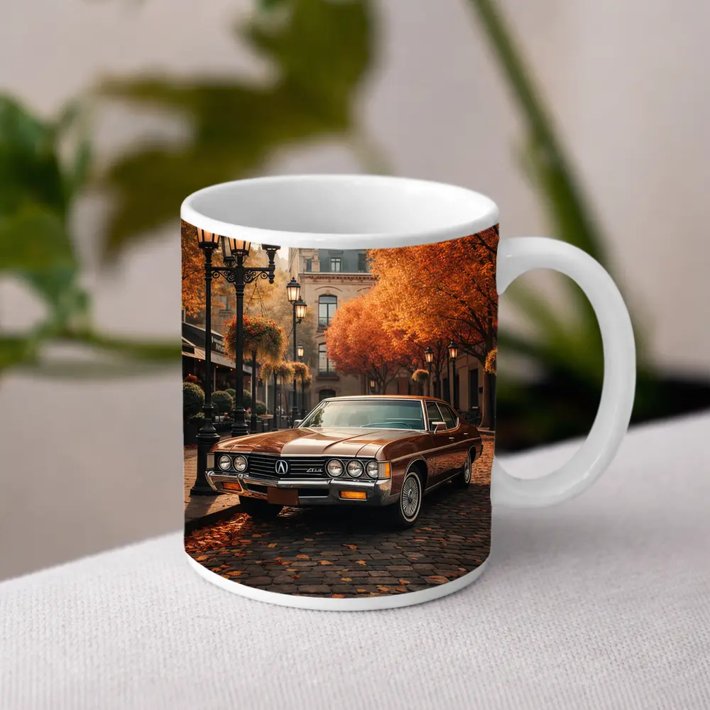 Acura Classic Car Cobblestone Autumn Street – Mugs