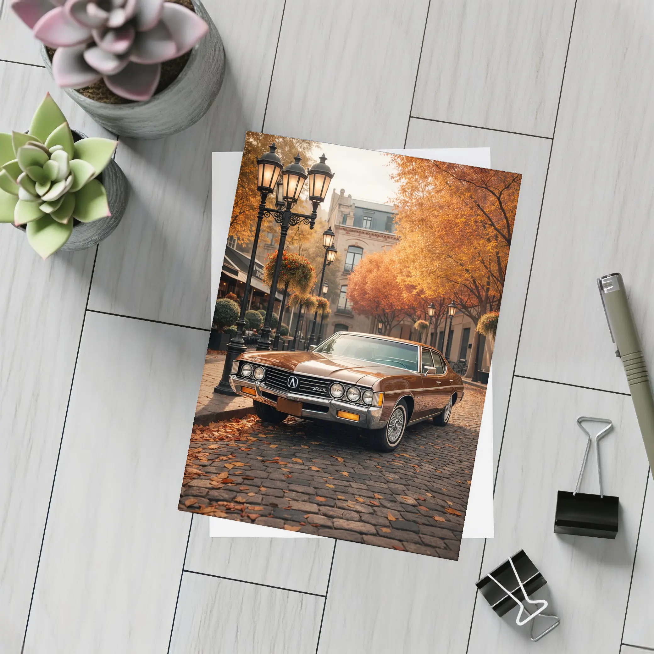 Acura Classic Car Cobblestone Autumn Street – Postcards