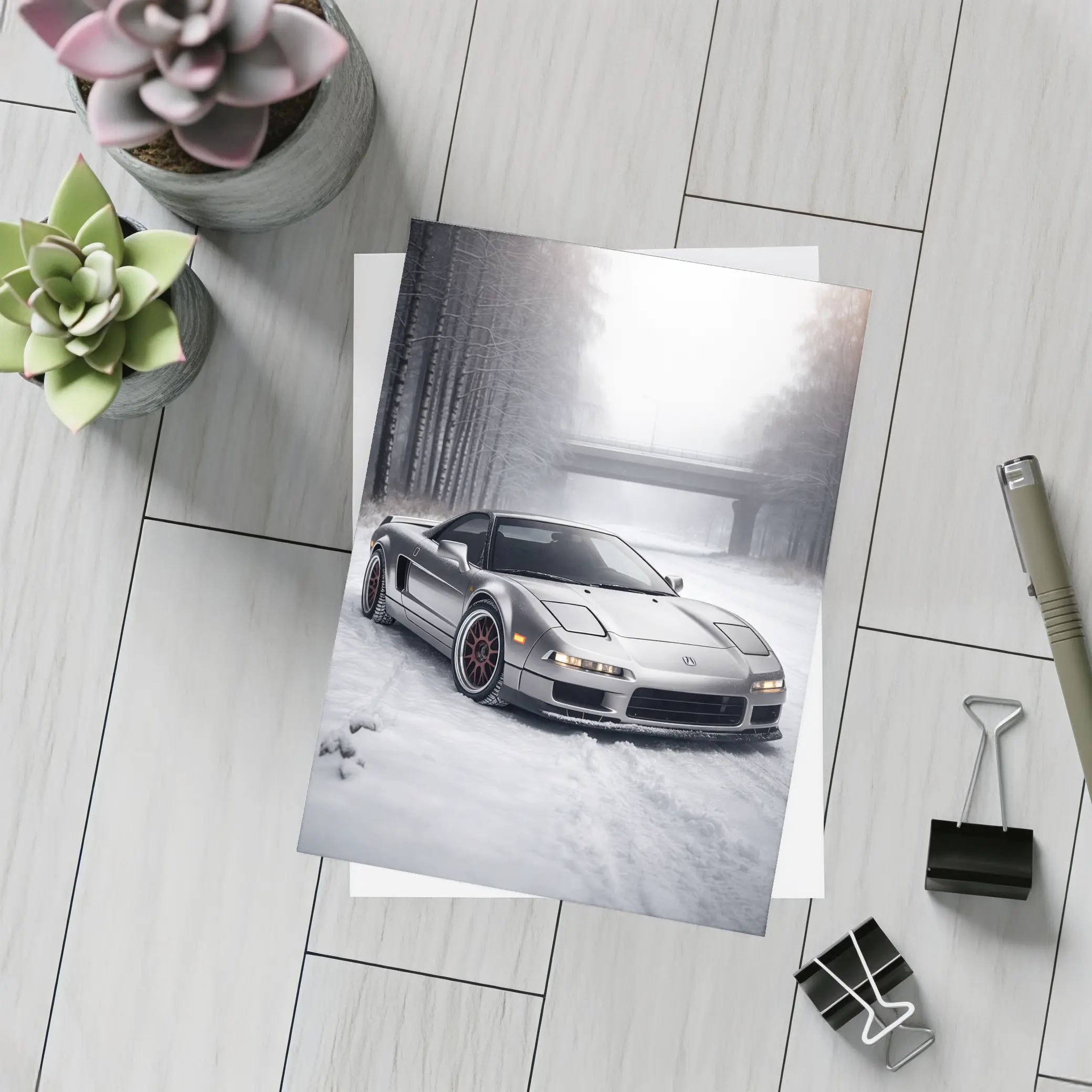 Acura NSX Silver Sports Car Snowy Road – Postcards