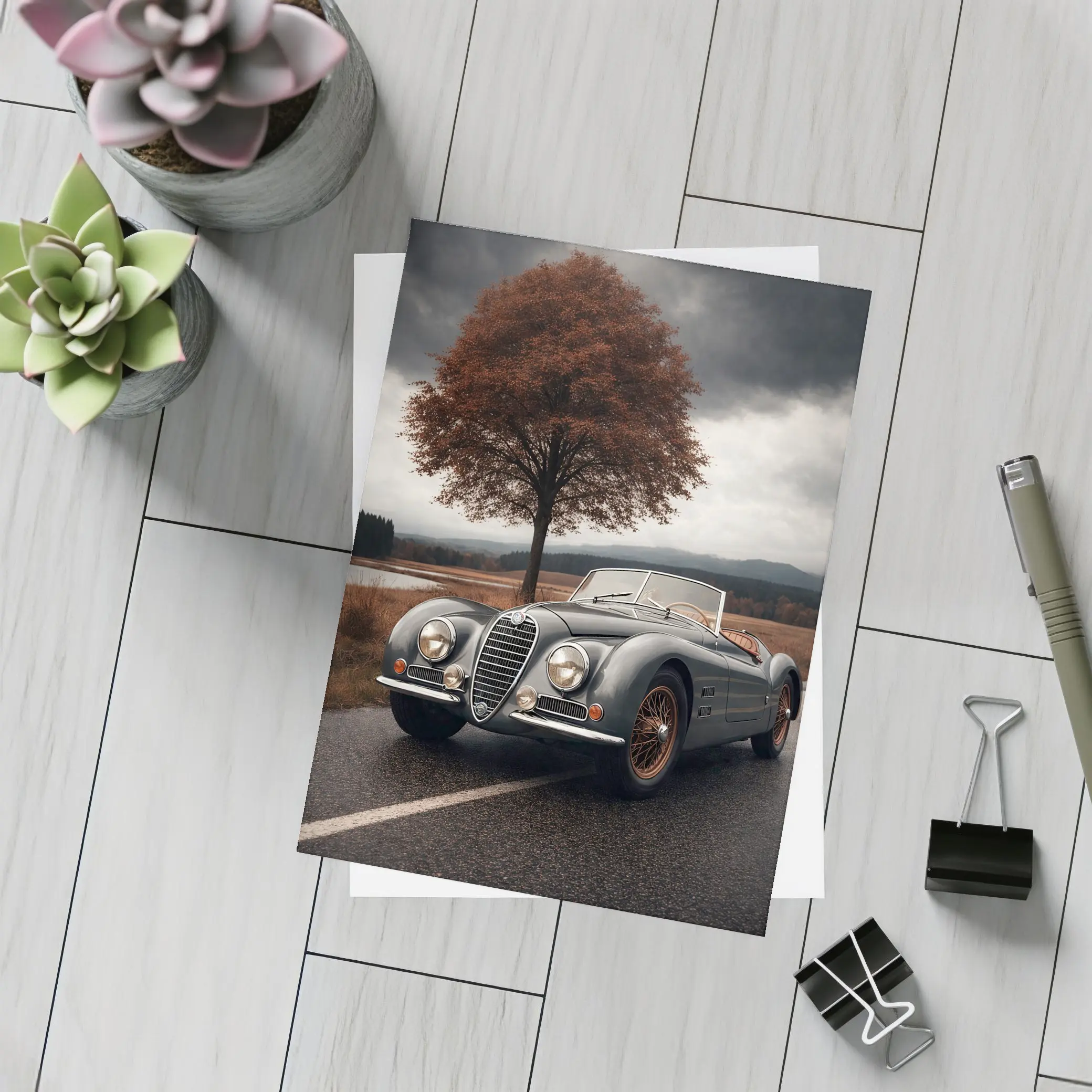 Vintage Alfa Romeo Roadster Cloudy Country Road – Postcards